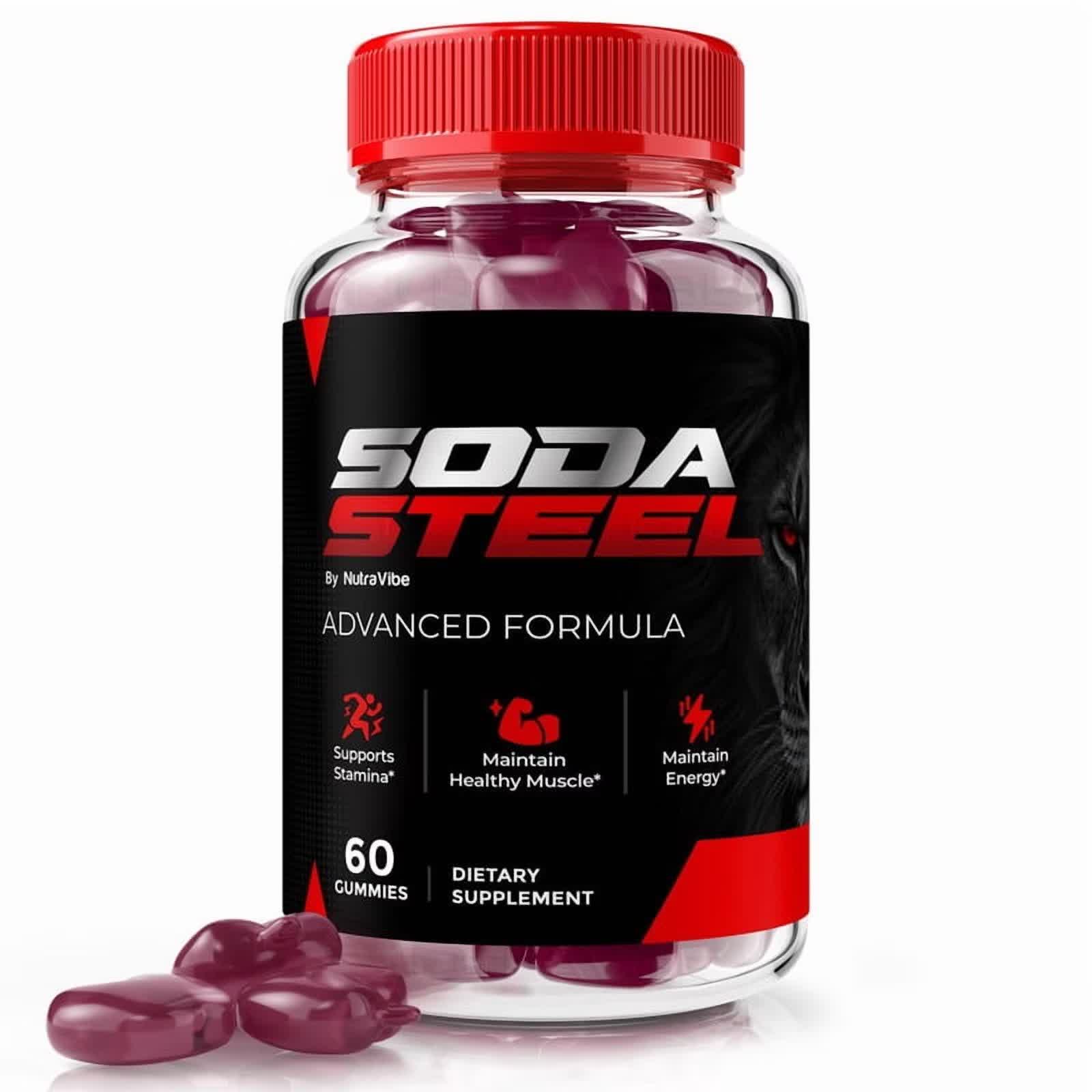 Soda Steel Gummies bottle with 60 apple-flavored gummies