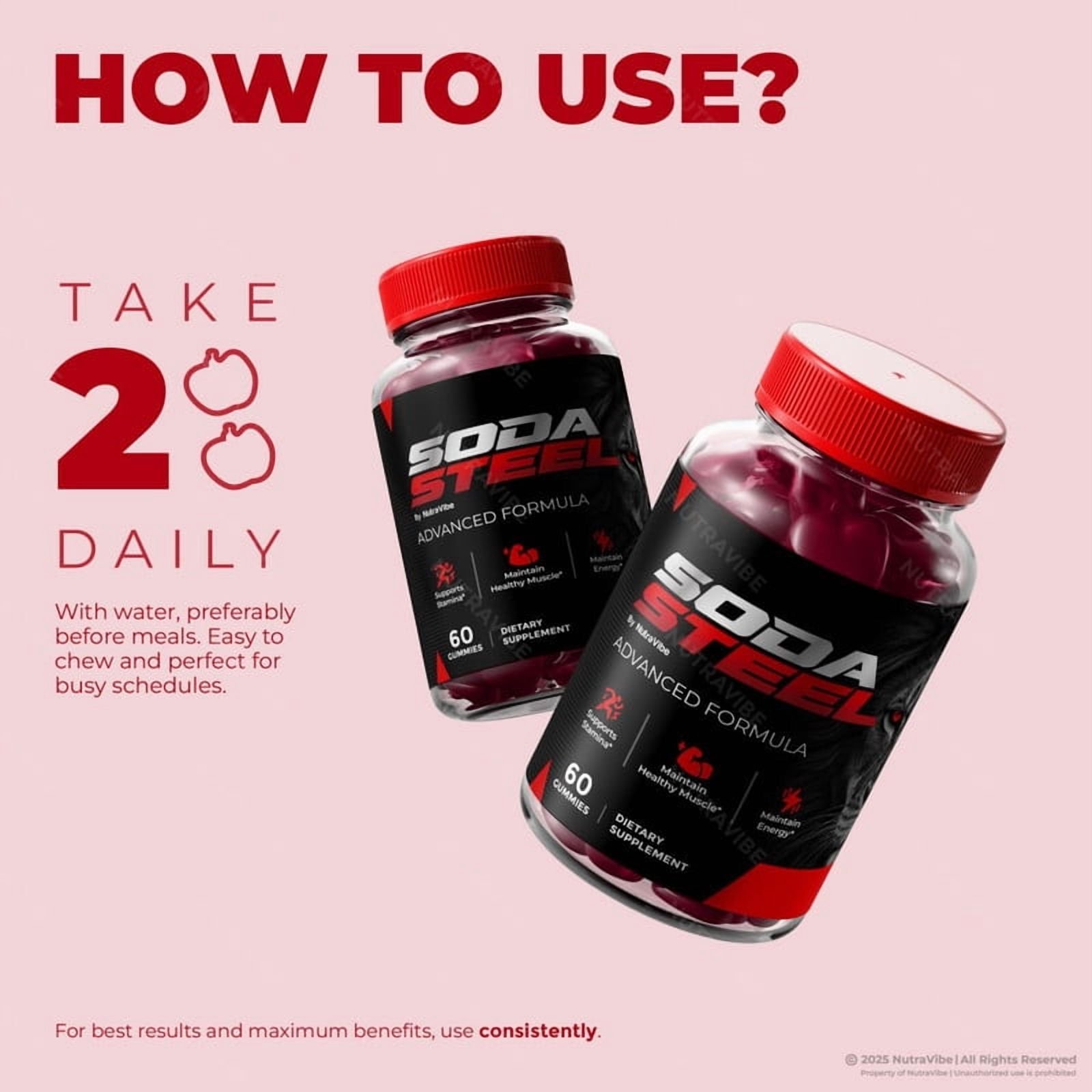Two Soda Steel Gummies bottles — take 2 gummies daily with water, preferably before meals